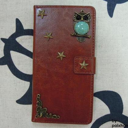 Htc One M8 Wallet Case-owl/star/plants Studded..