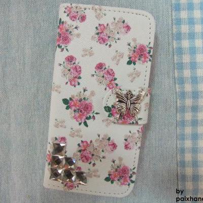 iPhone 6 Wallet Case/iPhone 6 Plus Wallet Case-Butterfly/Stone Studded Flower Pattern iPhone 6/6 Plus Wallet Case-Credit Card Case