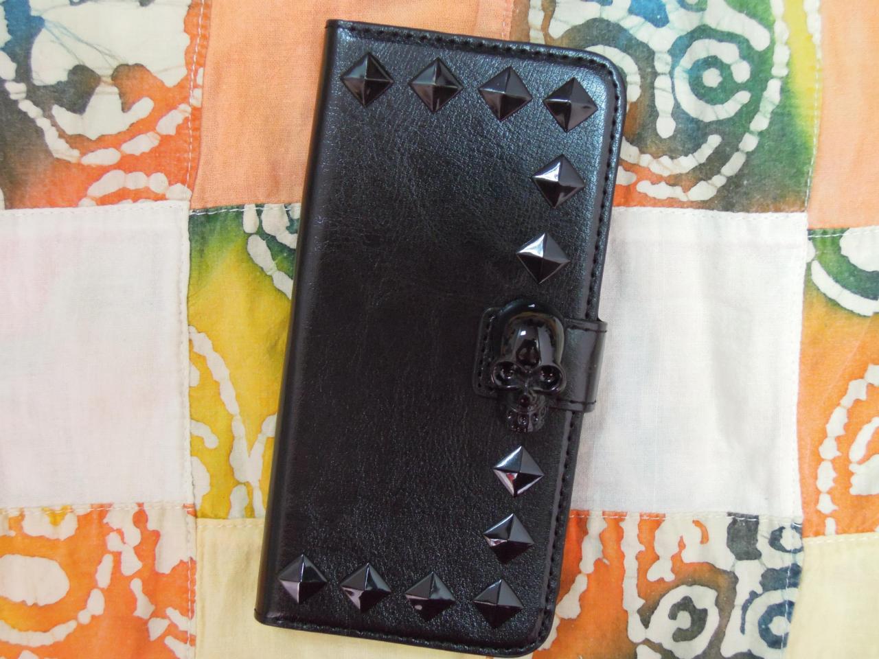 Iphone 6 Wallet Case/iphone 6 Plus Wallet Case-black Skull / Rivet Studded Black Iphone 6/6 Plus Wallet Case-credit Card Case