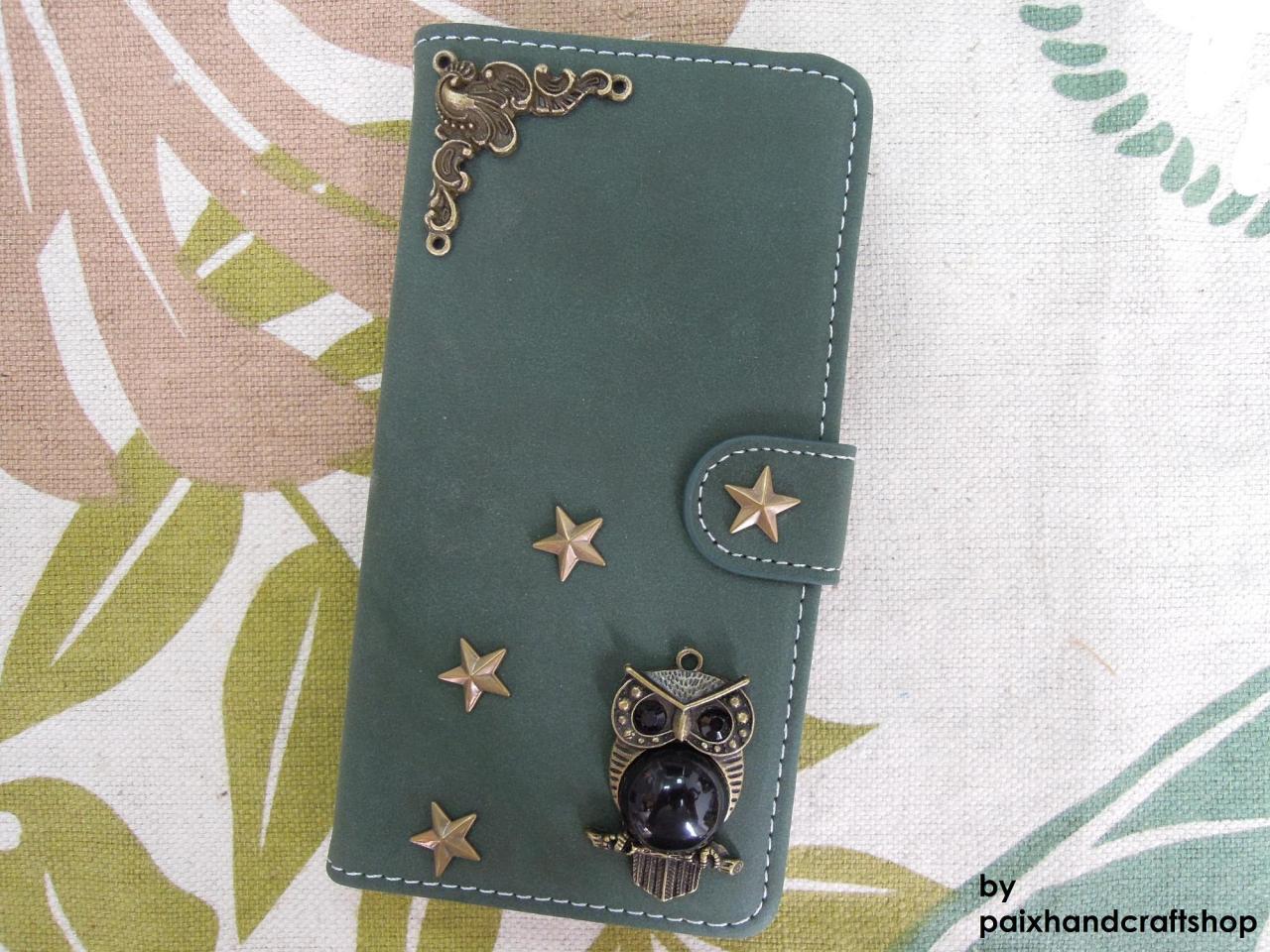 Iphone 6 Wallet Case/iphone 6 Plus Wallet Case-owl/star/plant Studded Army Green Iphone 6/6 Plus Wallet Case-credit Card Case