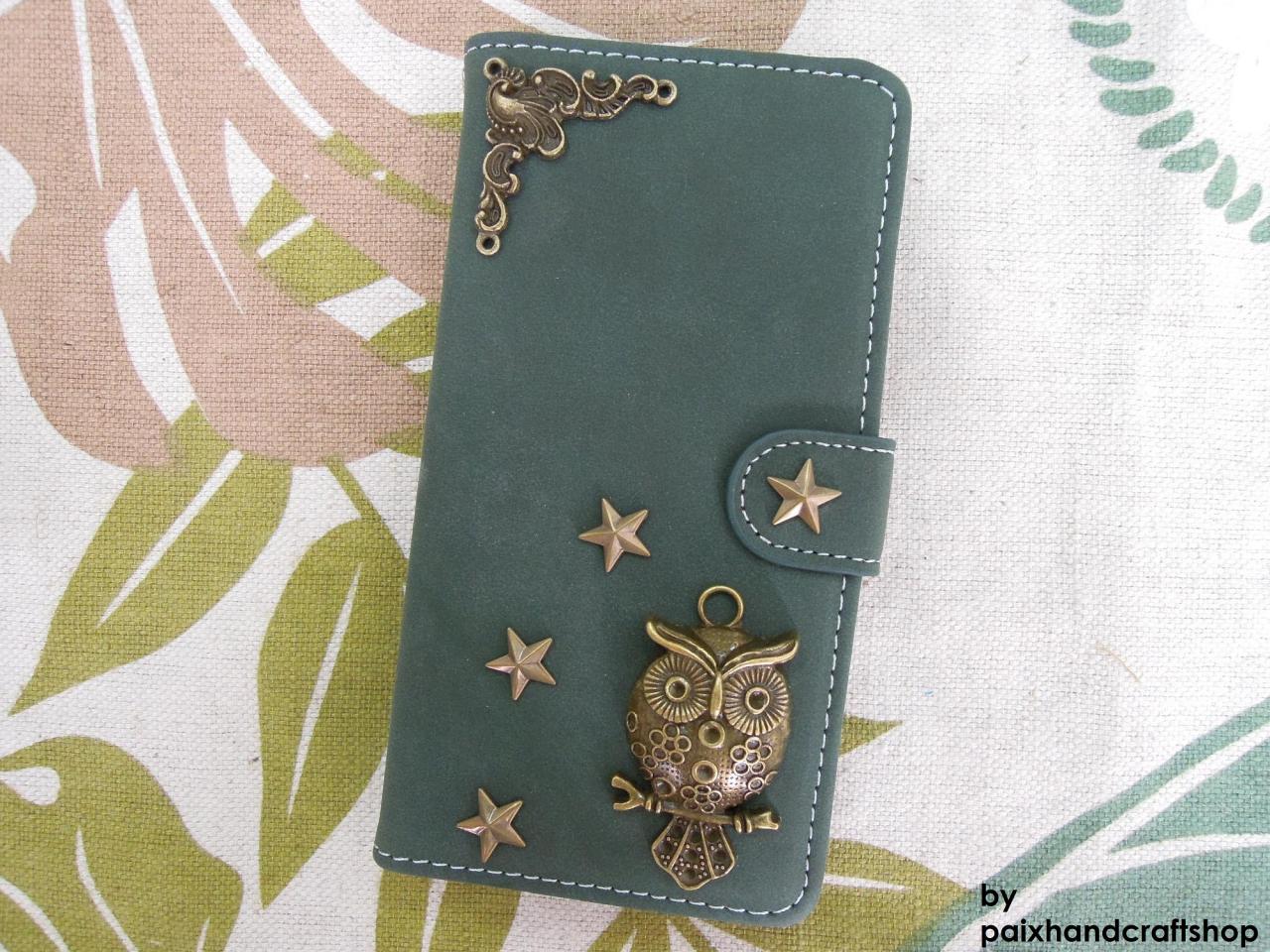 Iphone 6 Wallet Case/iphone 6 Plus Wallet Case-owl/star/plant Studded Army Green Iphone 6/6 Plus Wallet Case-credit Card Case