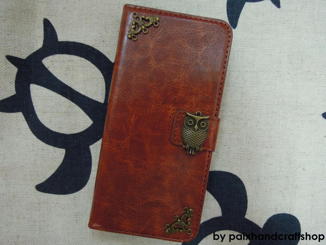 Iphone 6 Wallet Case/iphone 6 Plus Wallet Case-owl/plants Studded Brown Iphone 6/6 Plus Wallet Case-credit Card Case