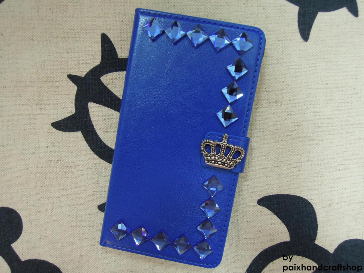Samsung Galaxy Note 4 Wallet Case-crown/stone Studded Royal Blue Samsung Galaxy Note 4 Wallet Case-credit Card Holder
