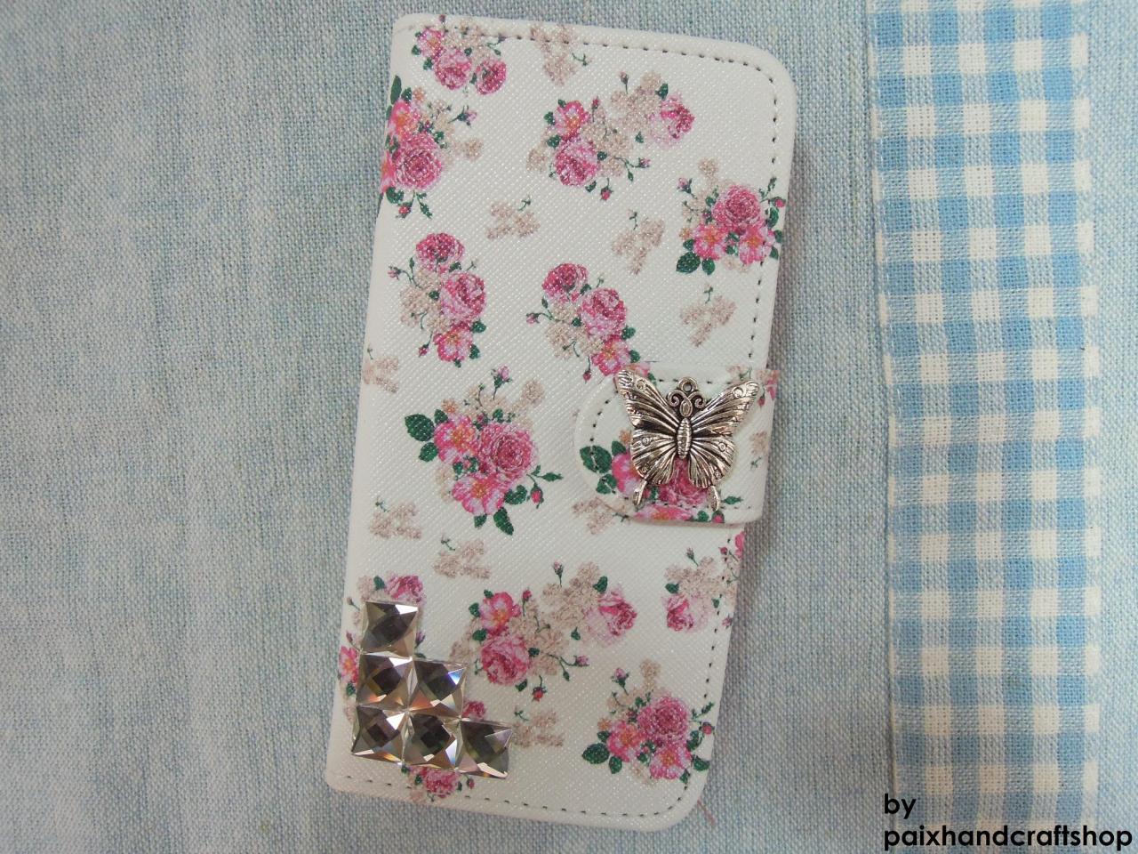 Iphone 6 Wallet Case/iphone 6 Plus Wallet Case-butterfly/stone Studded Flower Pattern Iphone 6/6 Plus Wallet Case-credit Card Case