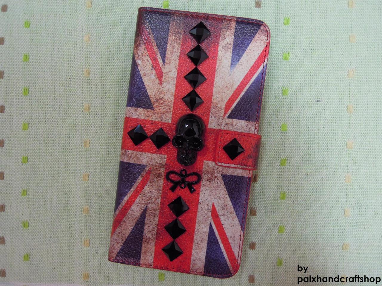 Iphone 6 Wallet Case/iphone 6 Plus Wallet Case-black Skull / Ribbon/ Stone Studded The Flag Of Uk Pattern Iphone 6/6 Plus Wallet Case-credit Card