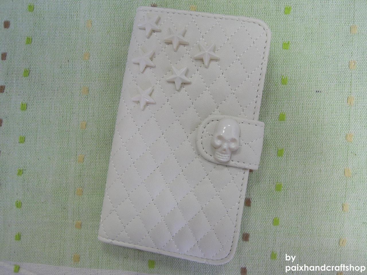 Samsung Galaxy S5 Wallet Case-skull/star Studded White Samsung Galaxy S5 Wallet Case-credit Card Holder