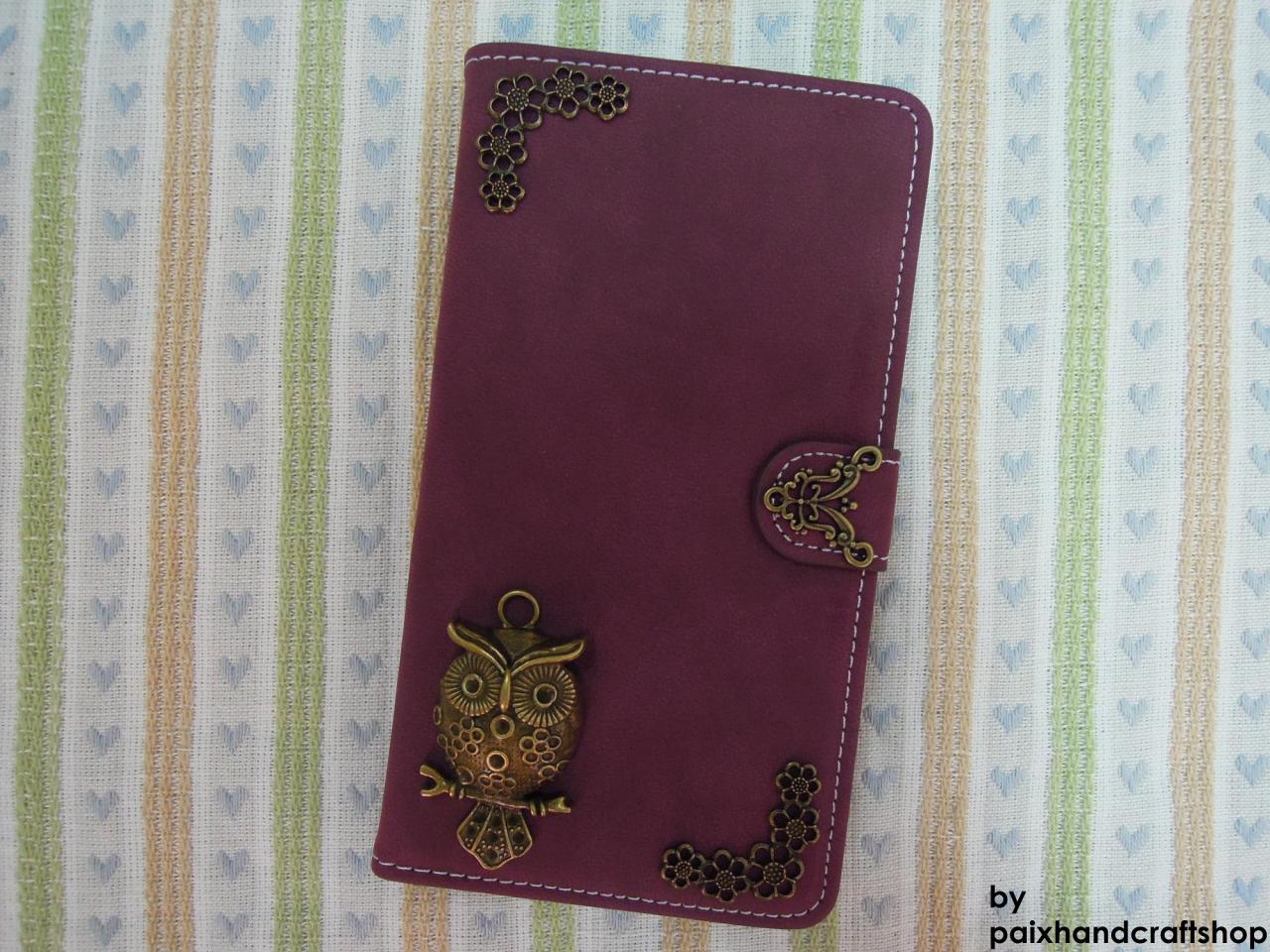 Iphone 6 Wallet Case/iphone 6 Plus Wallet Case-owl//plants Studded Burgundy Iphone 6/6 Plus Wallet Case-credit Card Case
