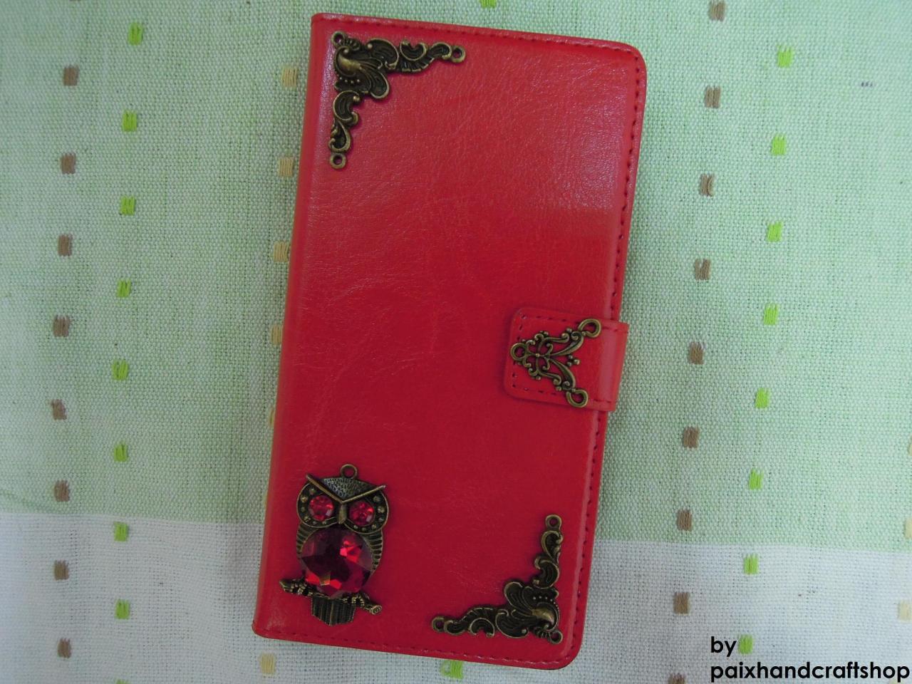 Samsung Galaxy Note 4 Wallet Case-owl/plants Studded Red Galaxy Note 4 Wallet Case