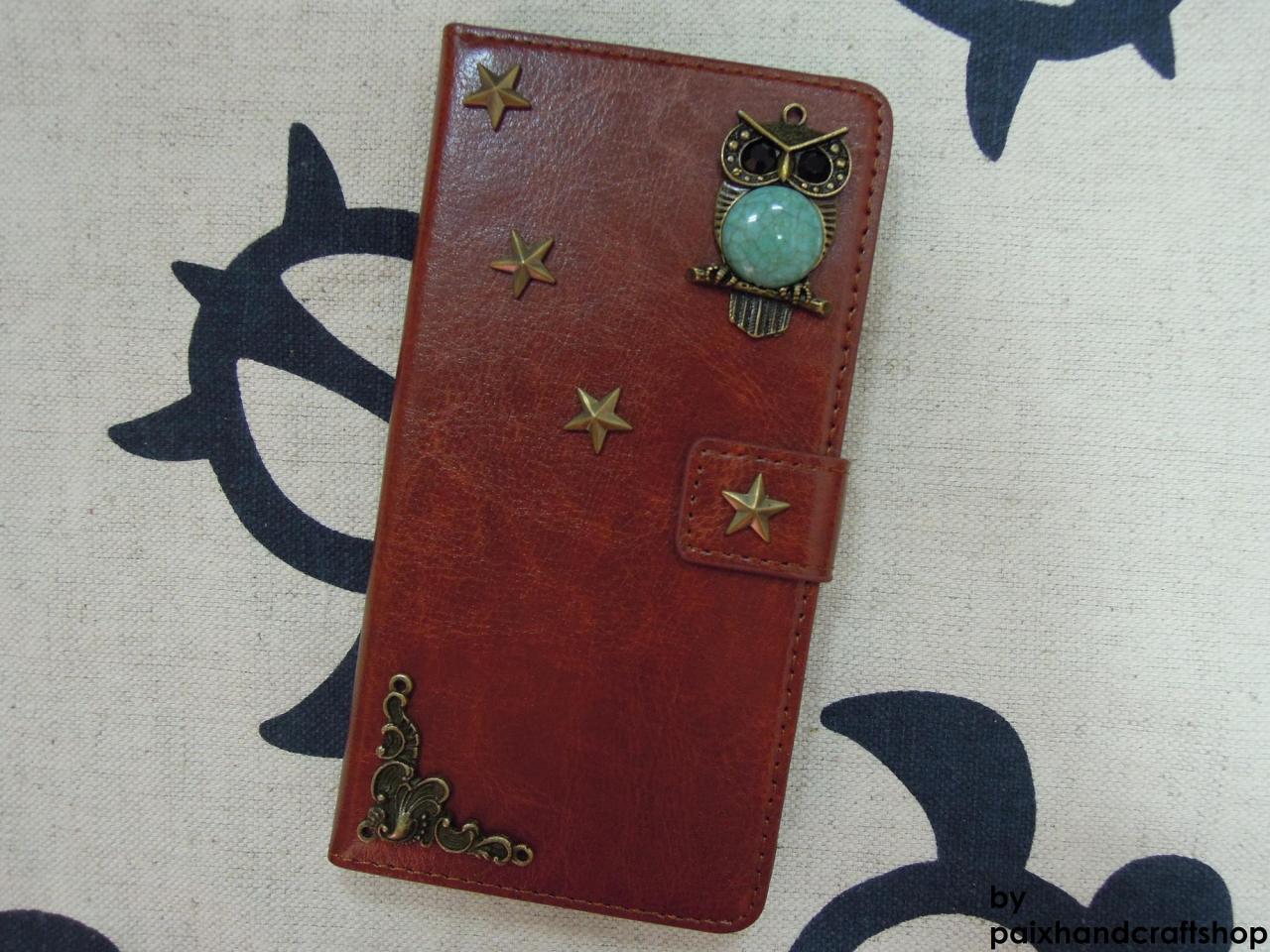 Htc One M8 Wallet Case-owl/star/plants Studded Brown Htc One M8 Wallet Case