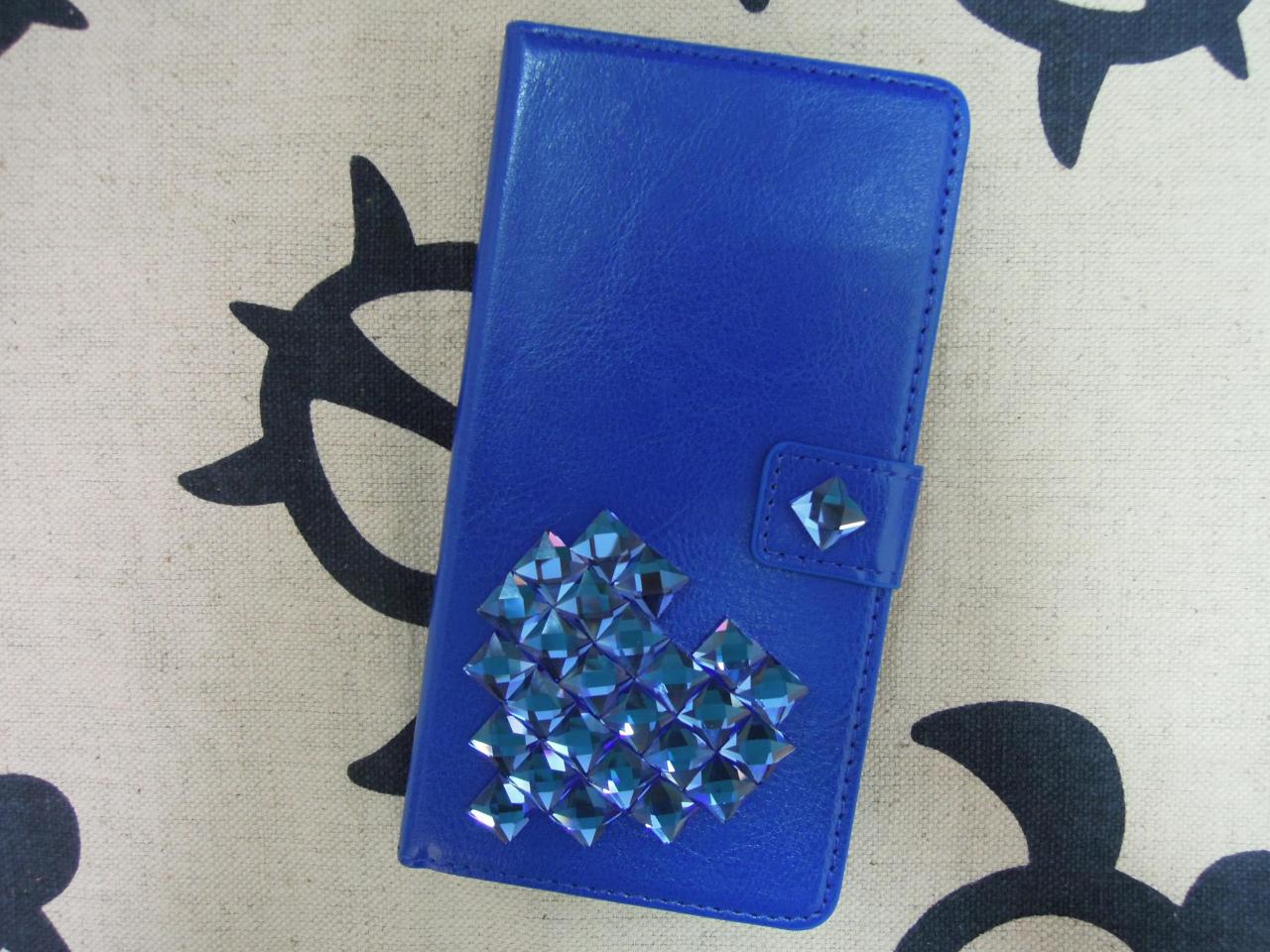 Samsung Galaxy Note 4 Wallet Case-heart(stone) Studded Royal Blue Samsung Galaxy Note 4 Wallet Case-credit Card Holder