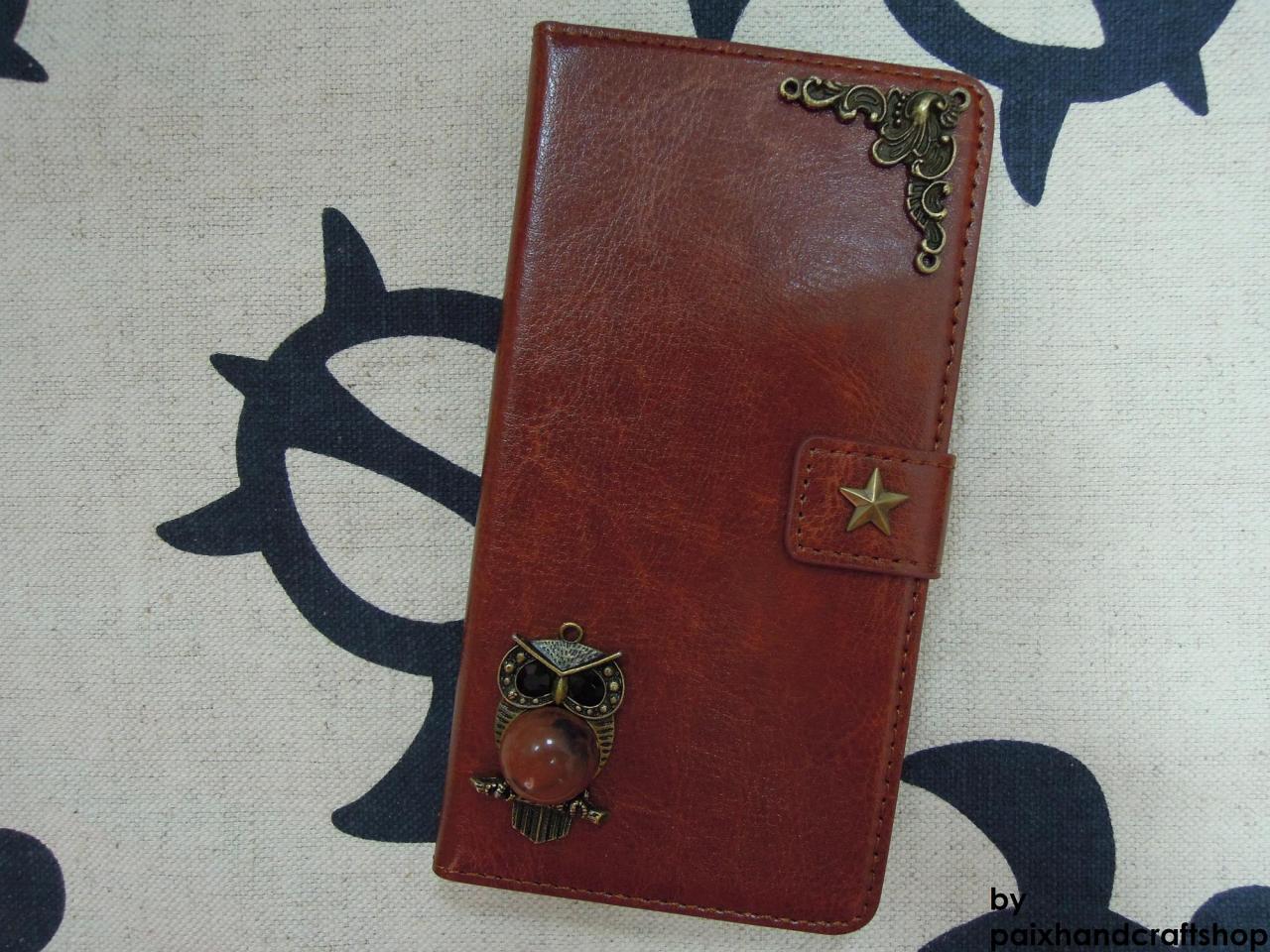 Iphone 6 Wallet Case/iphone 6 Plus Wallet Case-owl/star/plants Studded Brown Iphone 6/6 Plus Wallet Case-credit Card Case