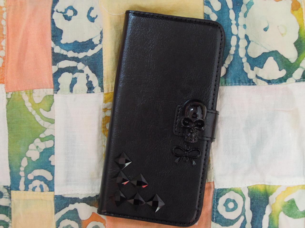 Samsung Galaxy Note 4 Wallet Case-skull/ribbon/rivet Studded Black Samsung Galaxy Note 4 Wallet Case-credit Card Holder