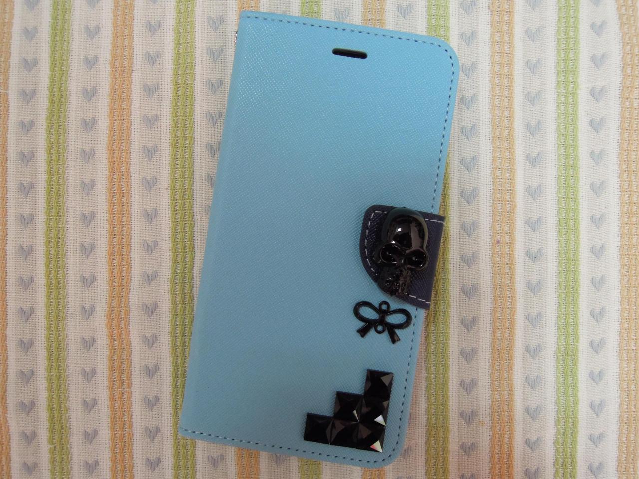 Iphone 6 Wallet Case/iphone 6 Plus Wallet Case-black Skull /ribbon/stone Studded Sax Blue Iphone 6/6 Plus Wallet Case-credit Card Case