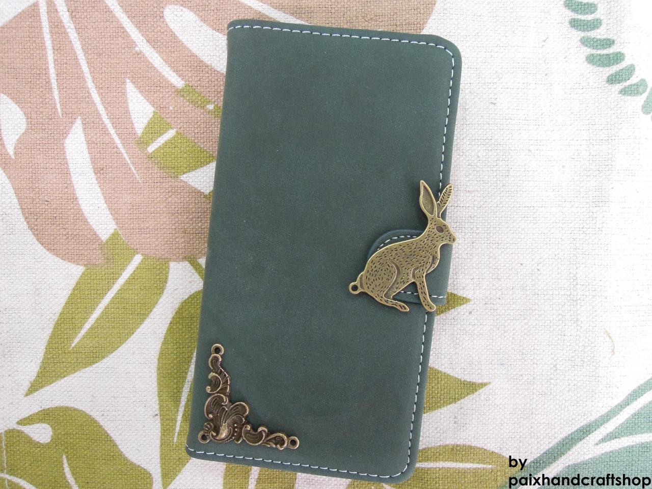 Iphone 6 Wallet Case/iphone 6 Plus Wallet Case-rabbit/plant Studded Army Green Iphone 6/6 Plus Wallet Case-credit Card Case