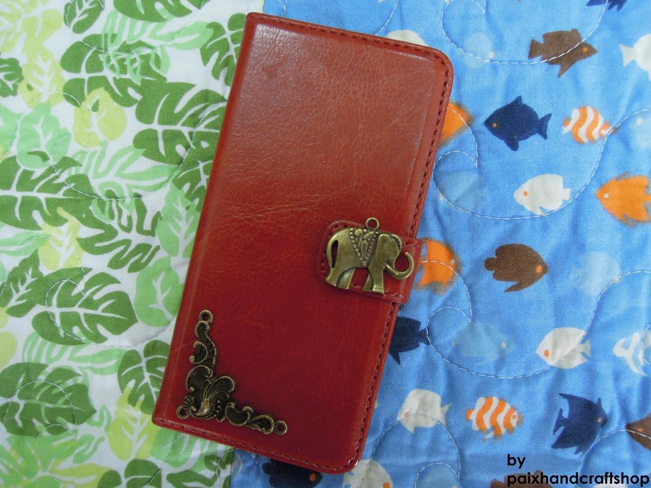 Iphone 6 Wallet Case/iphone 6 Plus Wallet Case-elephant/plants Studded Brown Iphone 6/6 Plus Wallet Case-credit Card Case