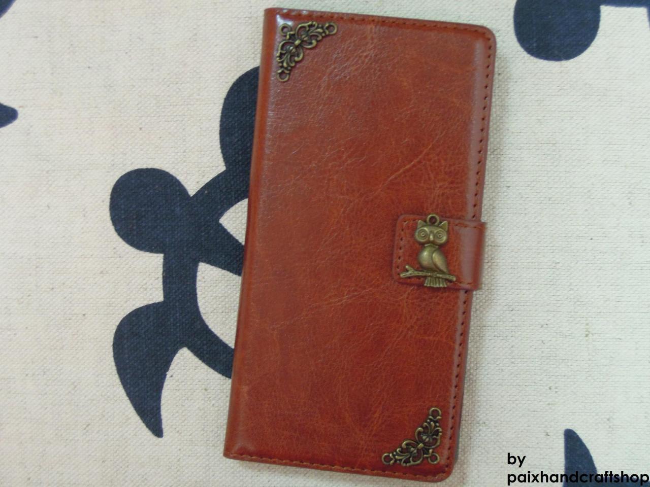 Iphone 6 / 6 Plus Wallet Case-owl/plants Studded Brown Iphone 6 / 6 Plus Wallet Case-credit Card Holder