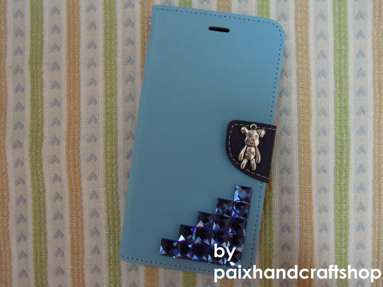 Iphone 6 Wallet Case/iphone 6 Plus Wallet Case-bear/stone Studded Sax Blue Iphone 6/6 Plus Wallet Case-credit Card Case
